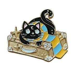 Cute Celestial Star Moon Black Cat w/ Scarf Laying on Suitcase Enamel Pin Brooch